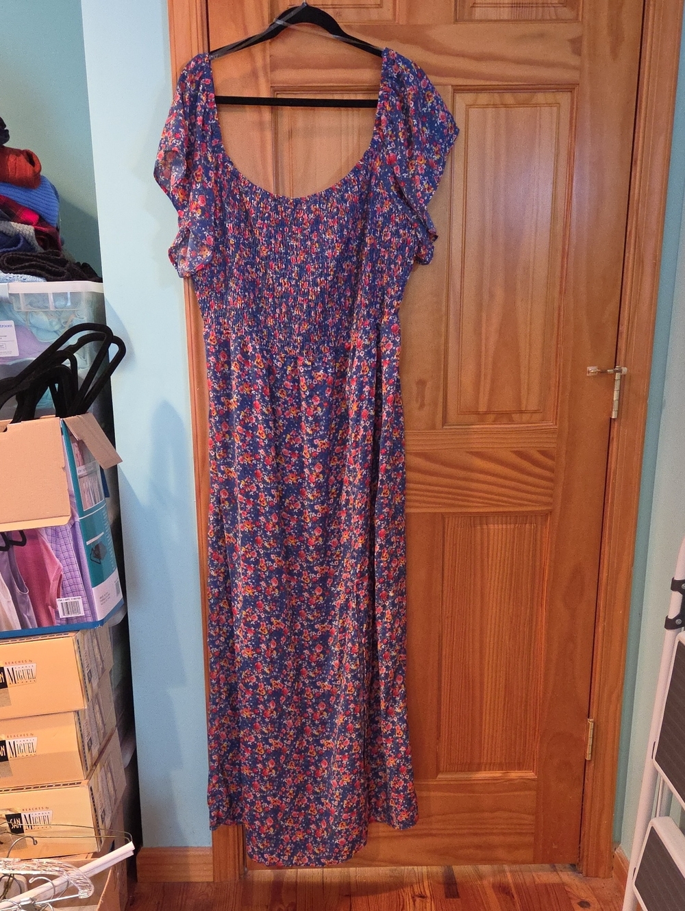 Blue Floral Maxi Dress with Smocked Bodice and Flutter Sleeves